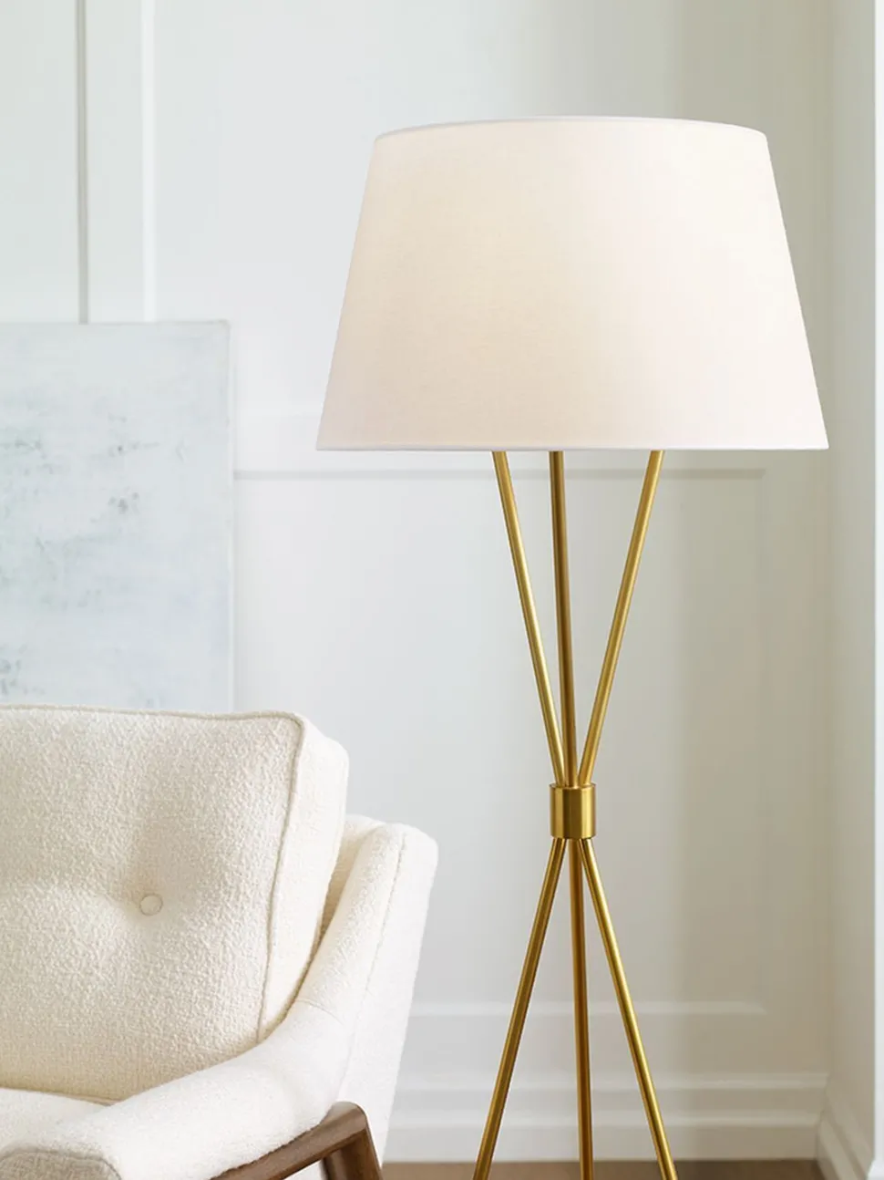 Dreibein Stehleuchte Weiß Messing 140 cm Stoff Metall