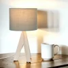 Edle Tischlampe Holz Stoffschirm Grau 31cm Ø17cm
