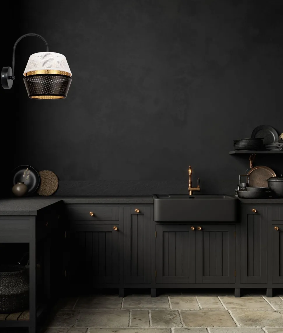 Elegante Wandlampe Metall Schwarz Weiß Gold H:25 cm E27