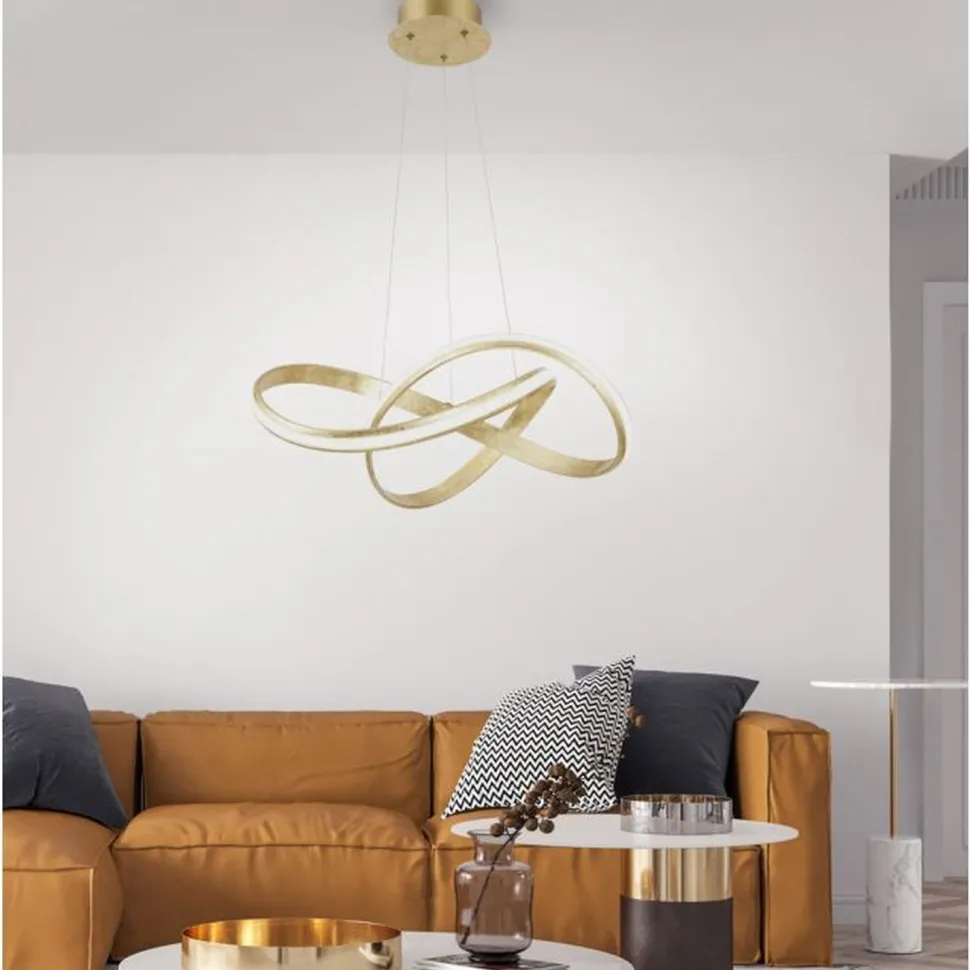 Geschwungene LED Pendelleuchte in Gold 30 W dimmbar