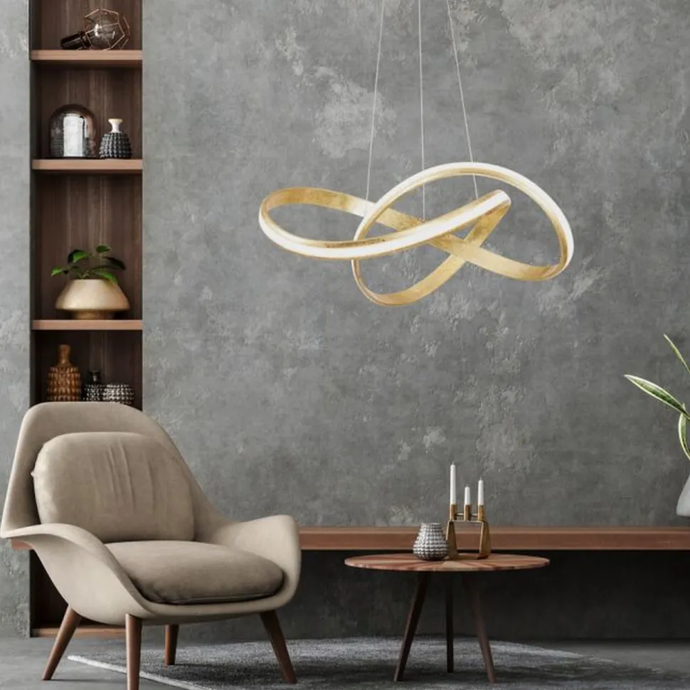 Geschwungene LED Pendelleuchte in Gold 30 W dimmbar