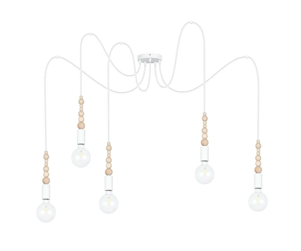 Große Spider Pendelleuchte Holz Metall E27 5-flmg Weiß