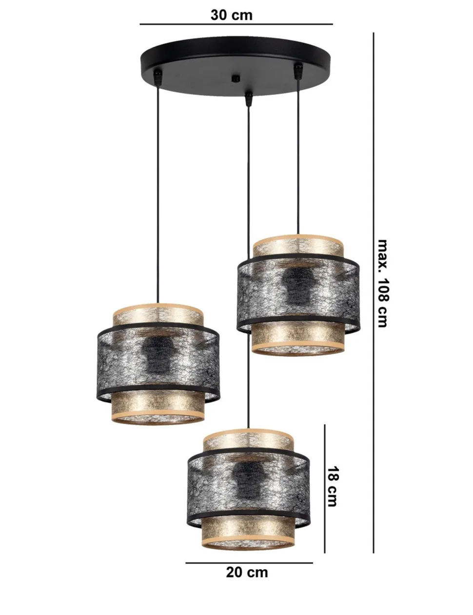 Hängelampe blendarm Schwarz Gold E27 Stoff Ø38 cm rund