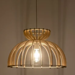 Hängelampe E27 Ø 48 cm Weiß Natur Holz Schirm natürlich