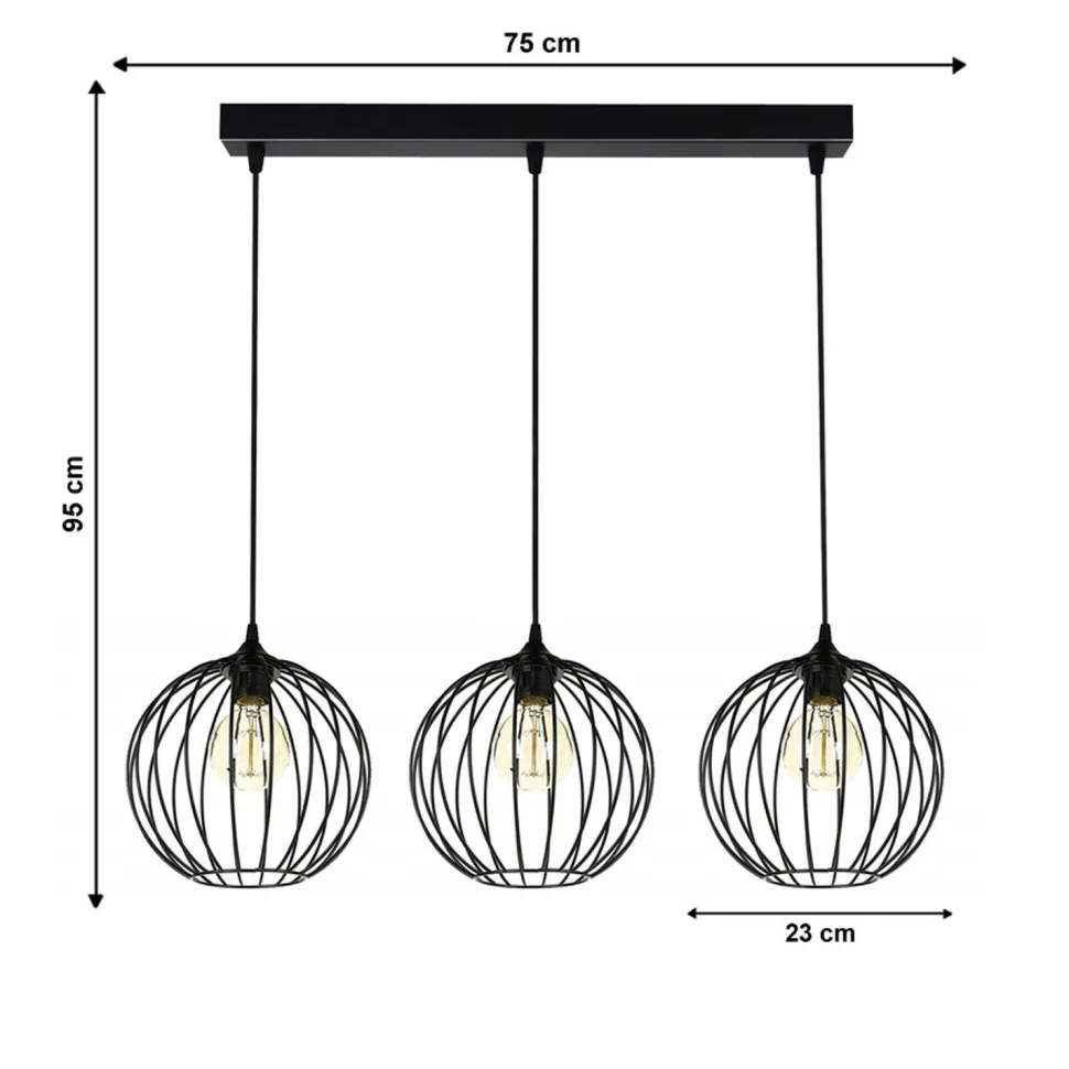 Hängelampe E27 Schwarz Metall 3-flammig L:70 cm Draht
