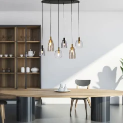 Hängelampe 6-flammig E14 B: 95 cm Glas Metall Vintage