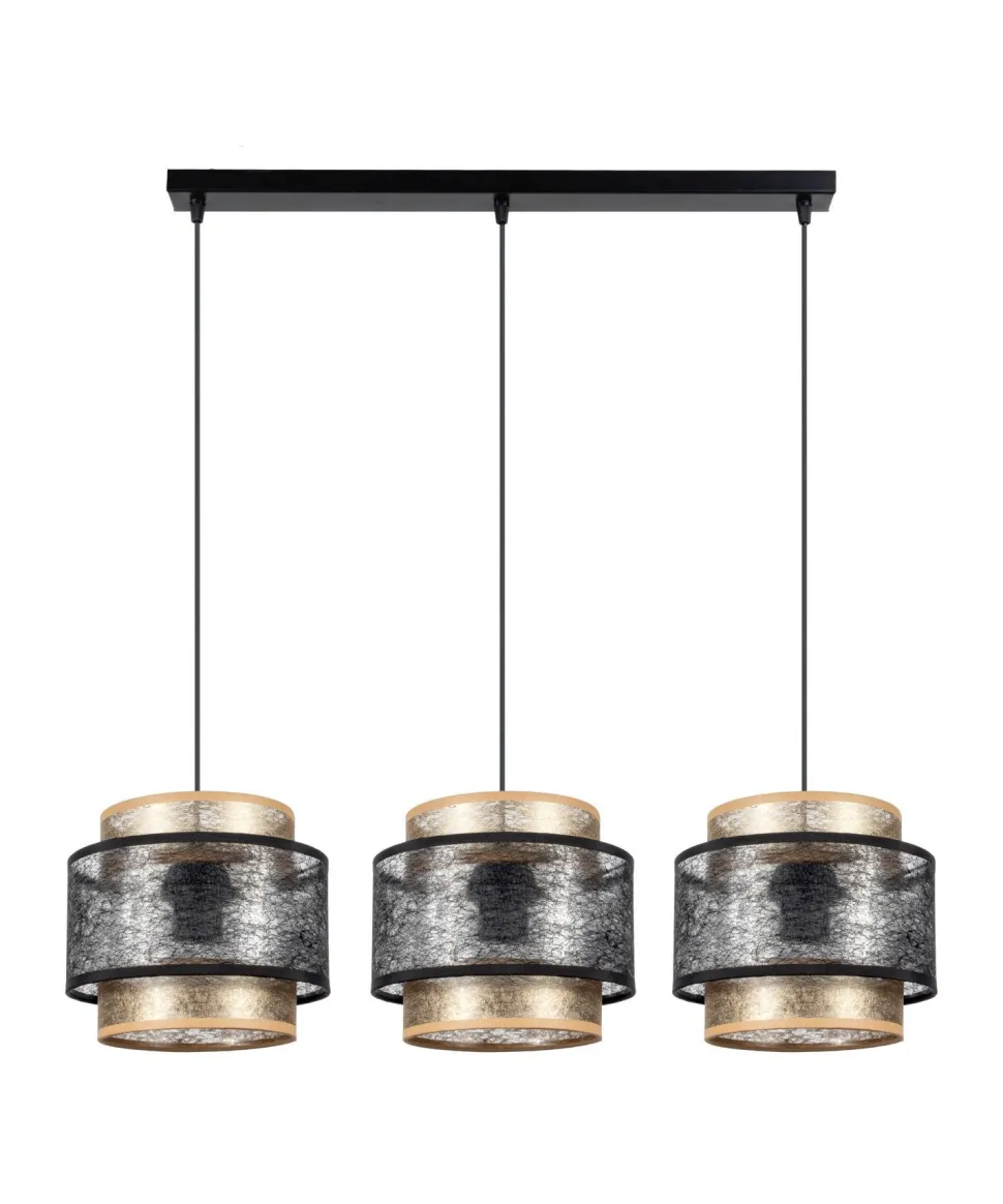 Hängelampe 3-flammig Schwarz Gold E27 Stoff blendarm