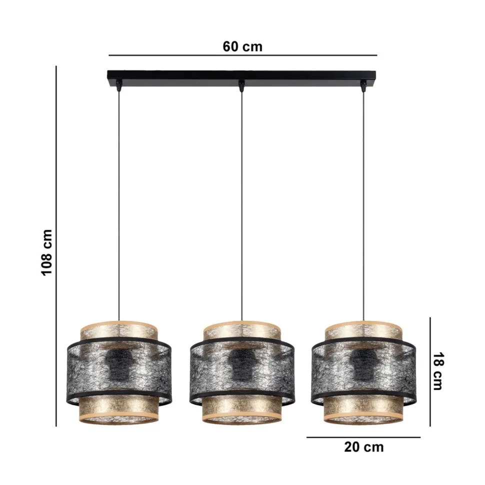 Hängelampe 3-flammig Schwarz Gold E27 Stoff blendarm