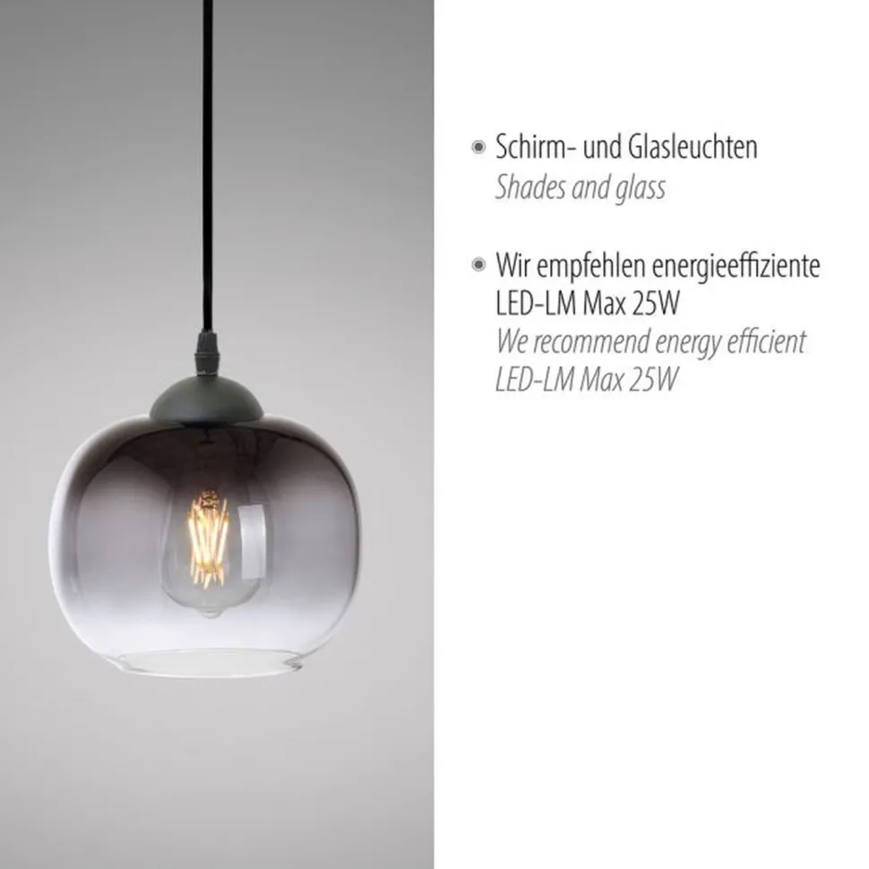 Hängelampe Glasschirm Rauchgrau Schwarz E27 Ø19 cm rund
