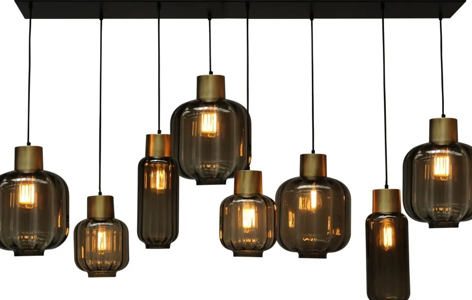 Hängelampe groß 8-flammig Schwarz Gold E27 Metall Glas