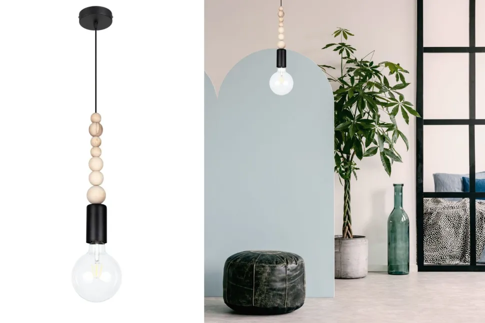 Hängelampe Holz Metall Schwarz E27 Ø10 cm rund wohnlich