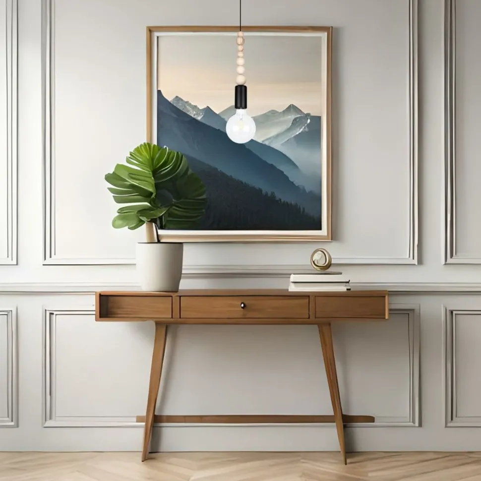 Hängelampe Holz Metall Schwarz E27 Ø10 cm rund wohnlich