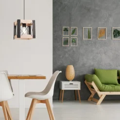 Hängelampe Holz Metall verstellbar Schwarz Natur E27 Rustikal