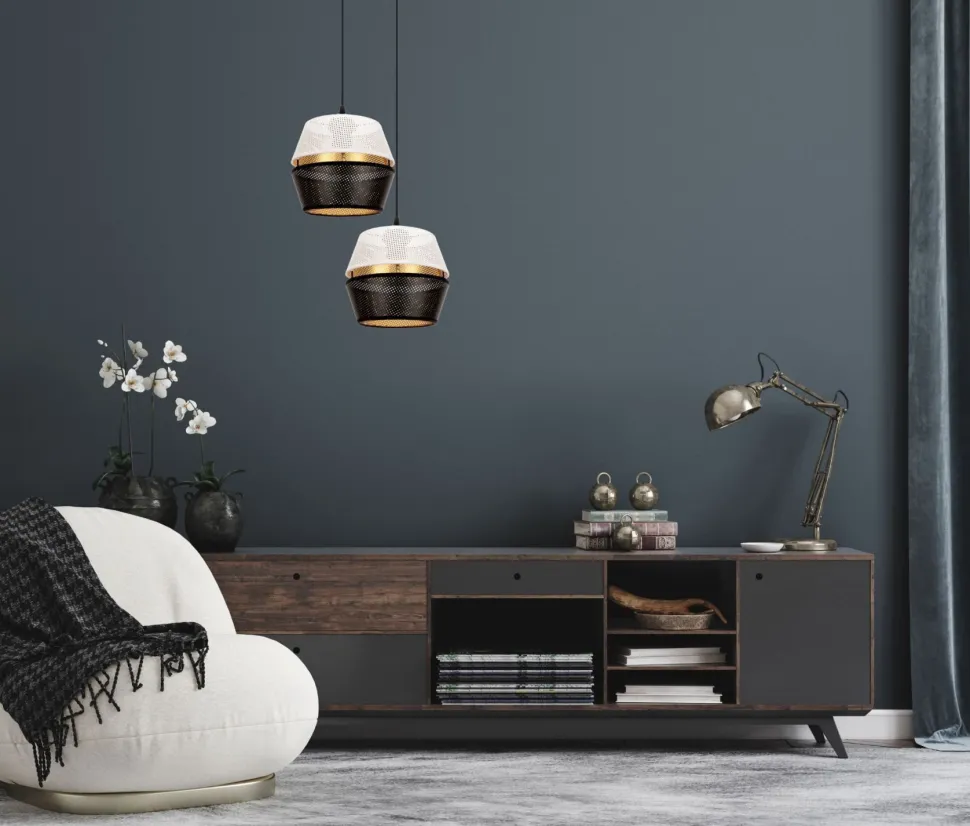 Hängelampe Schwarz Weiß Gold Metall 2-flmg B:40 cm E27