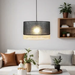 Hängelampe Stoff Metall E27 in Schwarz Braun