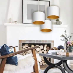 Hängelampe Weiß Gold Stoff Metall B:45 cm blendarm