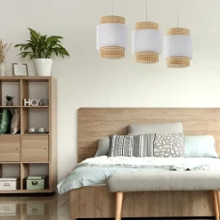Hängelampe Weiß Natur Stoff Rattan E27 Boho Esstisch