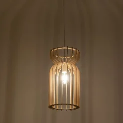 Hängeleuchte E27 Ø 26 cm Weiß Natur Holz Metall wohnlich