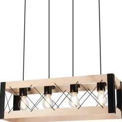 Hängeleuchte Holz Metall 4x E27 B: 63 cm Schwarz Natur Rustikal