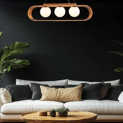 Hängeleuchte Modern B: 85 cm Furnier aus Teak Holz Glas 3x E27