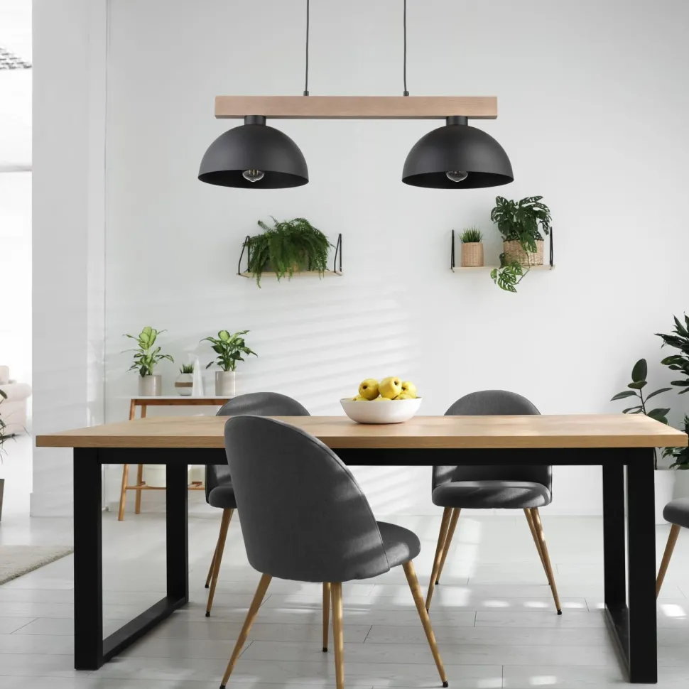 Hängeleuchte Schwarz Metall Holz länglich E27 Esszimmer