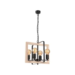 Hängeleuchte Schwarz Natur Holz Metall Rustikal 4-flammig E27