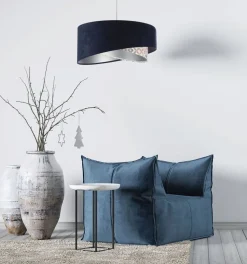 Hängeleuchte Stoff D: 50 cm Velours Optik Blau Beige Silber