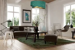 Hängeleuchte Stoff E27 rund D: 50 cm Grün Gold Velours Optik