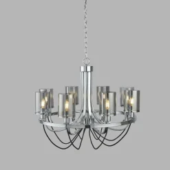 Kronleuchter 8-flammig E14 Chrom Rauchgrau Glas Metall