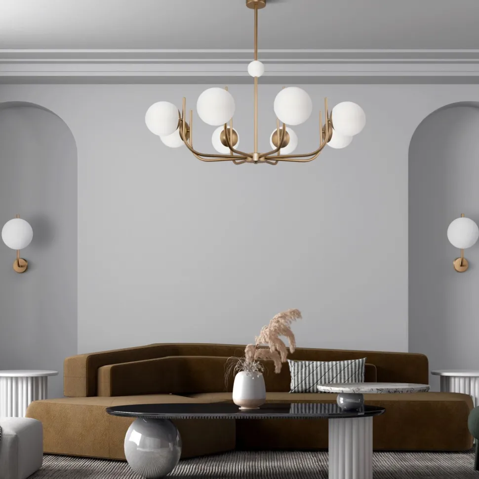 Kronleuchter Metall Glas 103 cm breit in Messing Weiß