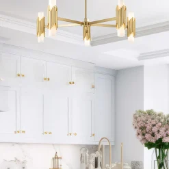 Kronleuchter Metall Glas E14 B: 106,7 cm in Messing antik Weiß