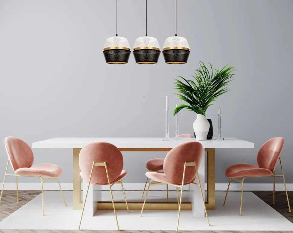 Lange Hängelampe 3-flammig Metall Schwarz Weiß Gold E27