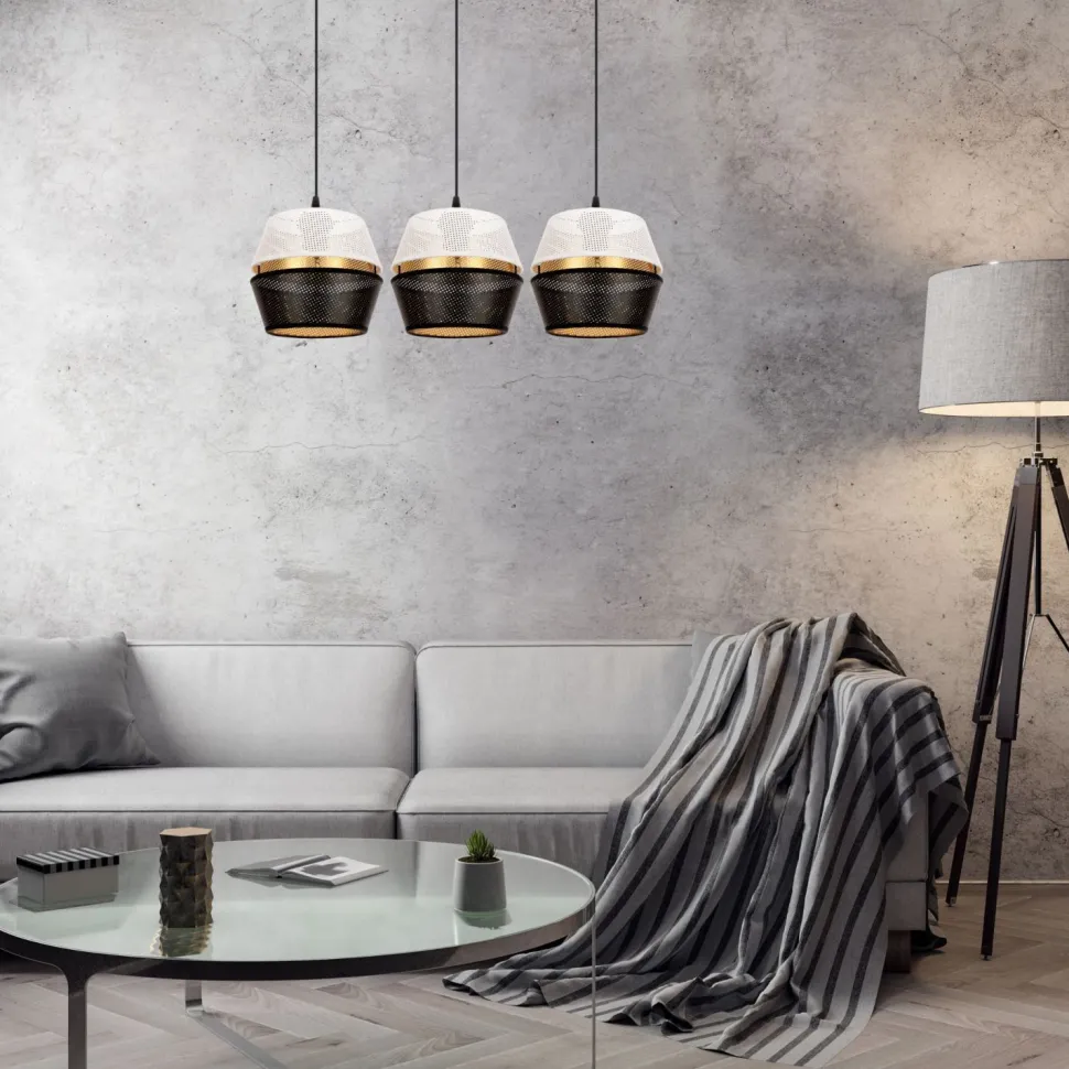 Lange Hängelampe 3-flammig Metall Schwarz Weiß Gold E27