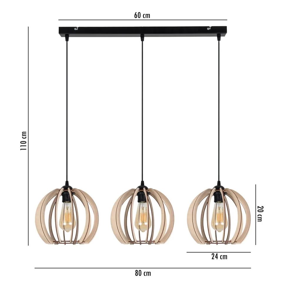 Lange Hängelampe Holz Metall E27 L:80 cm wohnlich