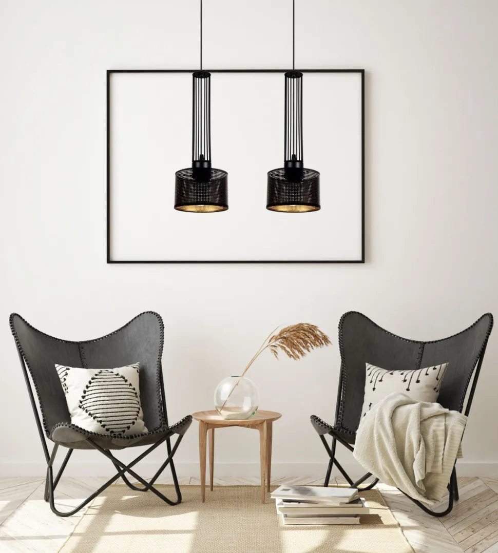 Lange Hängelampe Metall 70 cm 2-flmg E27 Schwarz Gold