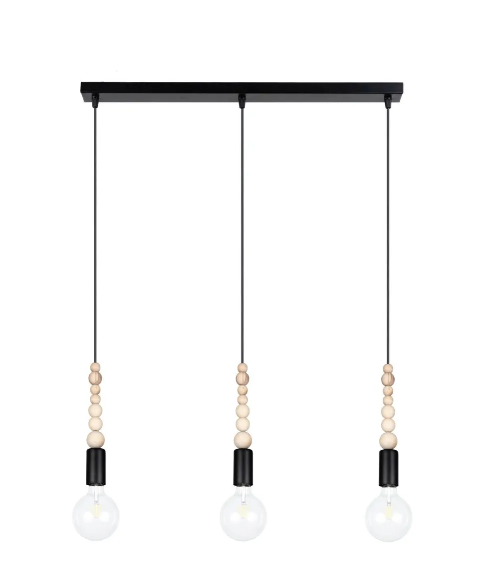 Lange Hängelampe Schwarz Holz Metall L:60 cm E27 3-flmg