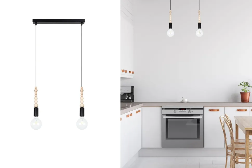 Lange Hängelampe Schwarz Holz Metall L:40 cm E27 2-flmg