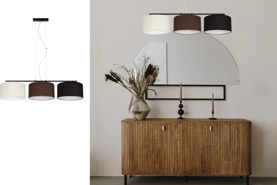 Lange Hängelampe Stoff Ecru Braun Schwarz E27 L:100 cm