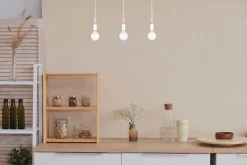 Lange Hängelampe Weiß Holz Metall L:60 cm E27 3-flmg