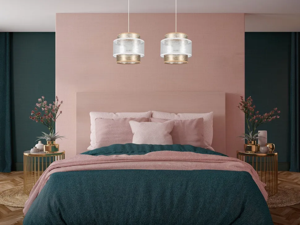 Lange Hängeleuchte Stoff Weiß Gold 48 cm E27 blendarm