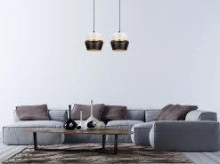 Lange Pendelleuchte 2-flammig Metall Schwarz Weiß Gold