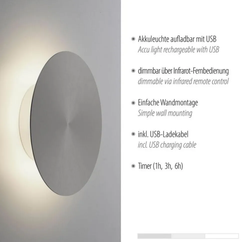 LED Akku Wandlampe Grau dimmbar Fernbedienung Timer 1 W