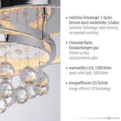 LED Deckenlampe mit Kristallanhänger in Chrom warmweiß