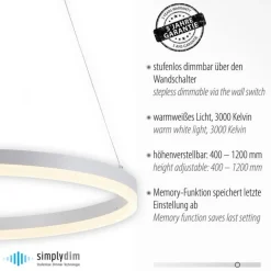 LED Pendelleuchte Weiß dimmbar 38 W 3000 K Ø60 cm Ring