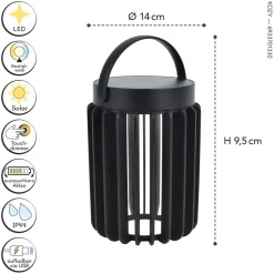 LED Solar Tischlampe Schwarz klein 18,6 cm IP44 tragbar