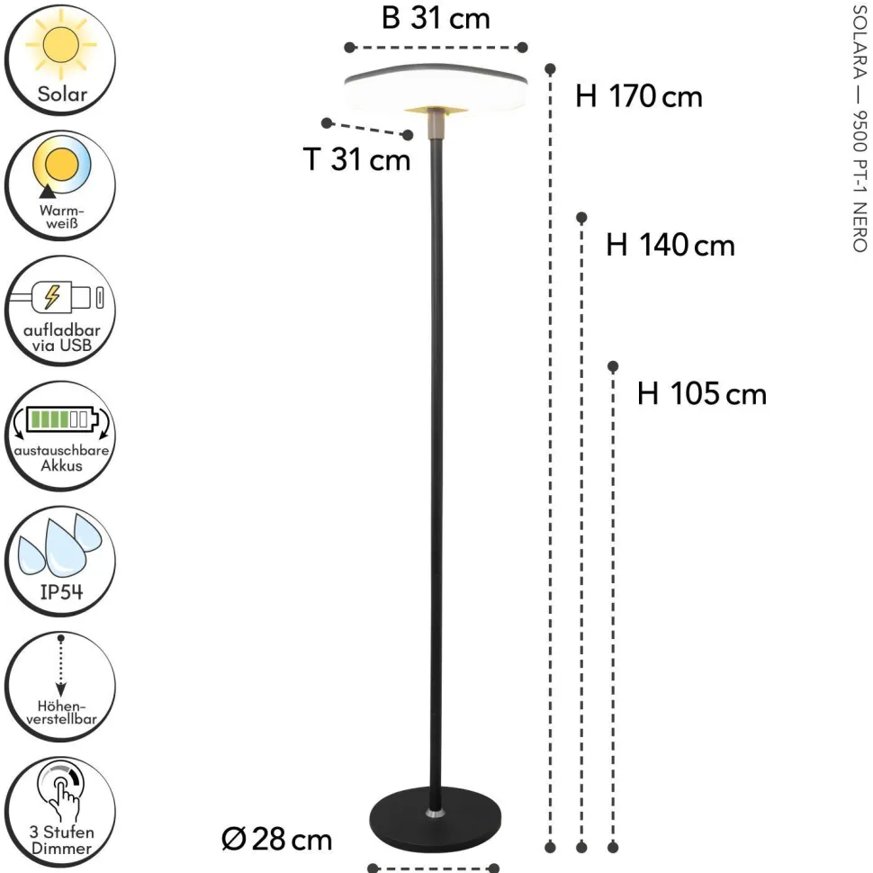 LED Solar Wegeleuchte dimmbar Zugschalter 170 cm IP54