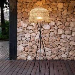 LED Stehleuchte außen Rattan Schirm 148 cm mit Akku IP54