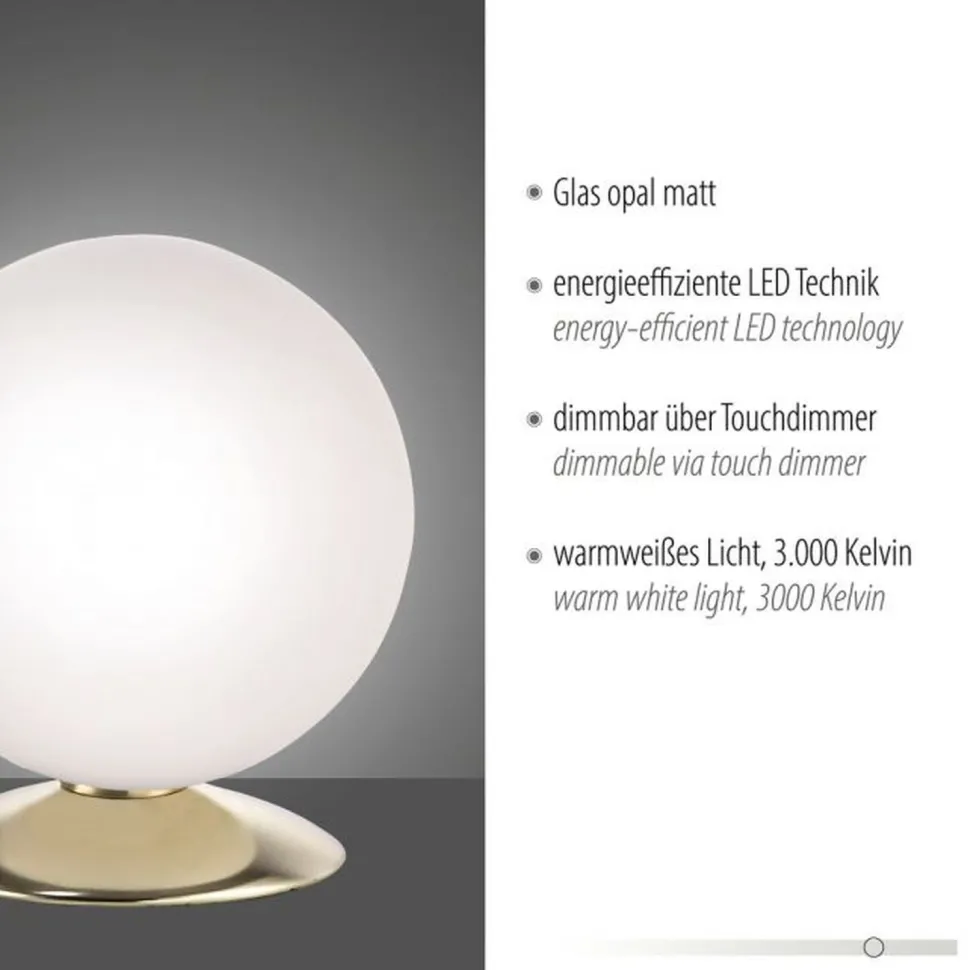 LED Tischleuchte in Messing Glasschirm 3000 K dimmbar