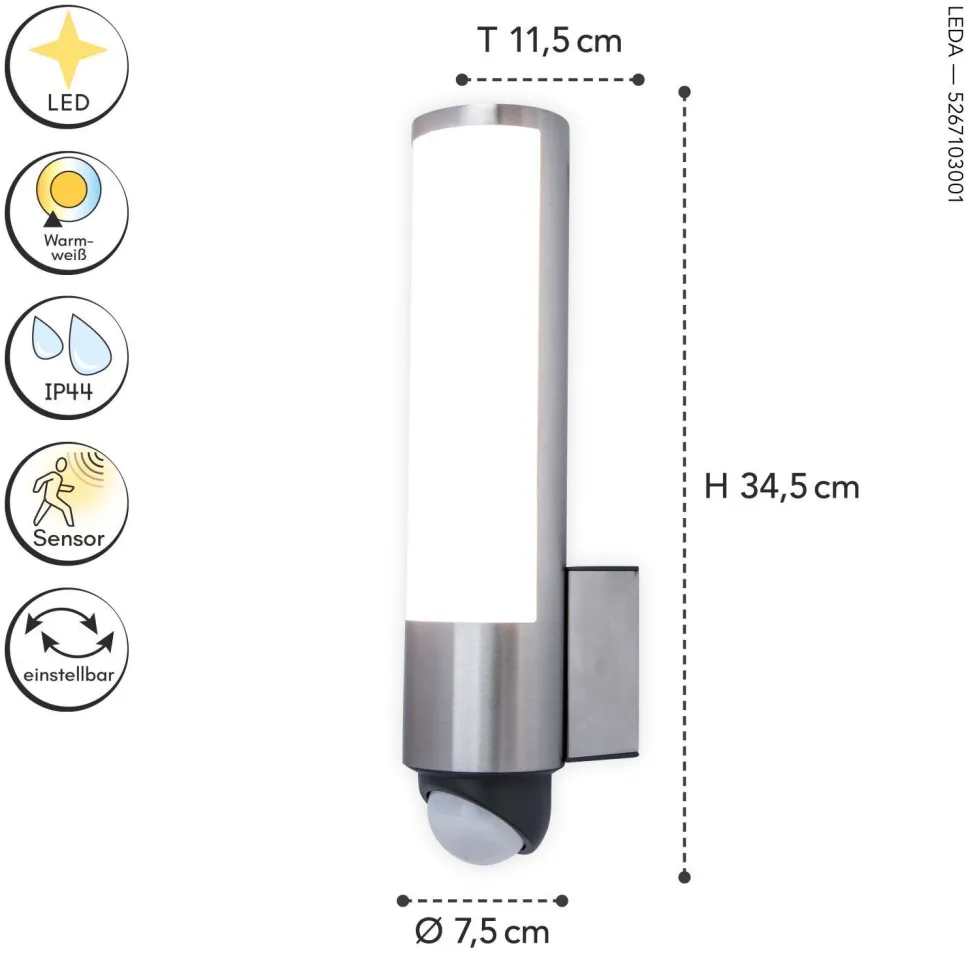 LED Wandlampe Bewegungssensor Edelstahl H:34,5 cm 16 W