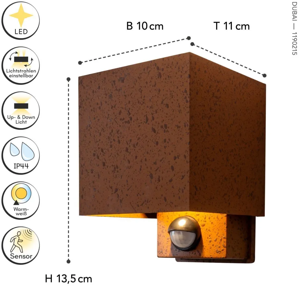 LED Wandlampe Bewegungssensor Rostbraun Up Down IP54